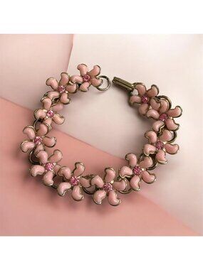 Vintage Pink Floral Link Bracelet 7.5 Inches With Rhinestone Accents  Gold-Tone